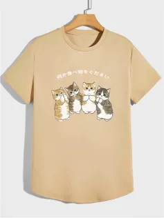 Mens Japanese Cartoon Cat Print Crew Neck Short Sleeve T-Shirts