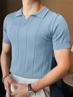 INCERUN Mens Lapel Shirts Striped Slim Casual Basic Design Short Sleeve Summer T-Shirt