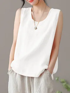 ZANZEA Plus Size Womens Tank Top Solid Crew Neck Sleeveless Casual Women Tanks