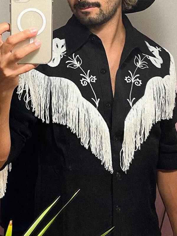 Mens Embroidered Fringe Long Sleeve Shirt