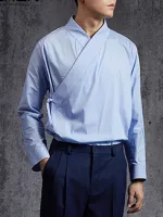 Mens Long Sleeve Retro Chinese Shirts V Neck Ethnic Style Loose Tops Shirt