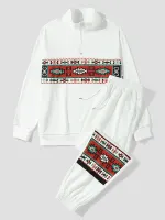 ChArmkpR Mens Ethnic Geometric Print Patchwork Half Zip Sweatshirt Two Pieces Outfits