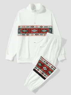 ChArmkpR Mens Ethnic Geometric Print Patchwork Half Zip Sweatshirt Two Pieces Outfits
