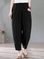 Solid Pocket Casual Cotton Pants