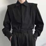 INCERUN Men Shoulder Fly Design Solid Color Casual Shirt Fashion Long Sleeve Lapel Shirt Top Comfortable Loose Fit Top for Men Large Size S-5XL