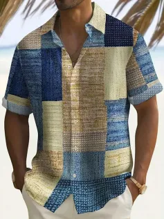 ChArmkpR Mens Shirt Color Block Print Button Up Short Sleeve Shirts Summer Holiday Beach Shirt