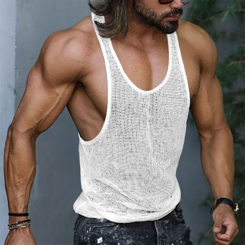 INCERUN Men Tank Tops Mesh Transparent O-neck Sleeveless Vests Streetwear Summer Breathable Fashion Men Clothing S-5XL