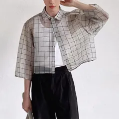 INCERUN Men Shirt Mesh Transparent Plaid Lapel 3/4 Sleeve Short Shirt Fashion Casual Men Clothing Loose Button Camisas
