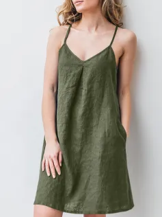 Solid Pocket Spaghetti Strap Backless Dress For Women