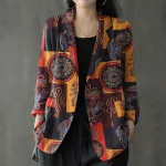 ZANZEA Womens Ethnic Prints Blazer Vacation Thin Suit Coat Retro Lapel Cotton Linen Printing Long Sleeve Blazer