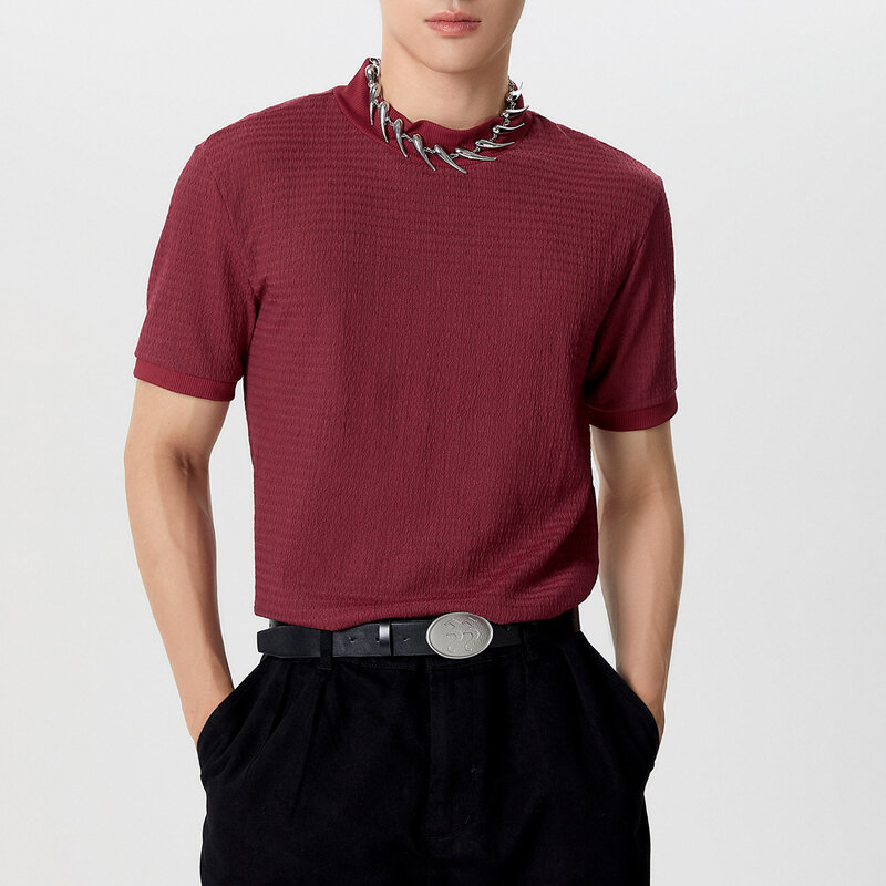 INCERUN Mens Half-collar Solid Knitted pit-stripe Short Sleeve T-shirt