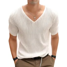 INCERUN Men T Shirts Fashion Slightly Transparent V Neck T-shirts Summer Daily Short Sleeve Top Tee Male Clothing