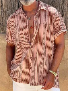 Mens Striped Casual Lapel Collar Short Sleeve Shirts