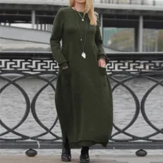 ZANZEA Women Long Sleeved Long Dress with Side Pockets Lace Patchwork Casual Long Maxi Dress for Spring Fall