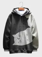 Mens Cartoon Cat Print Patchwork Loose Drawstring Hoodies