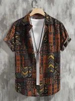 Mens Geometric Ethnic Print Lapel Short Sleeve Shirts