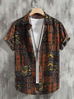 Mens Geometric Ethnic Print Lapel Short Sleeve Shirts