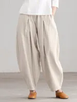 Women Loose 100% Cotton Ankle Length Solid Color Wide Legged Casual Pants