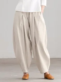 Women Loose 100% Cotton Ankle Length Solid Color Wide Legged Casual Pants