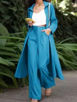 ZANZEA Women Plus Size Two Set Solid Button Lapel Long Sleeve Long Blouses and Pant Two Pieces Set