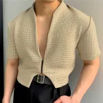 INCERUN Mens Coats Fashion-forward Male Zip-Up Jacket - Japanese and Korean Style Solid Color Short Sleeve Male Clothing