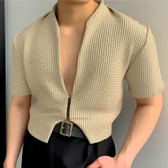 INCERUN Mens Coats Fashion-forward Male Zip-Up Jacket - Japanese and Korean Style Solid Color Short Sleeve Male Clothing