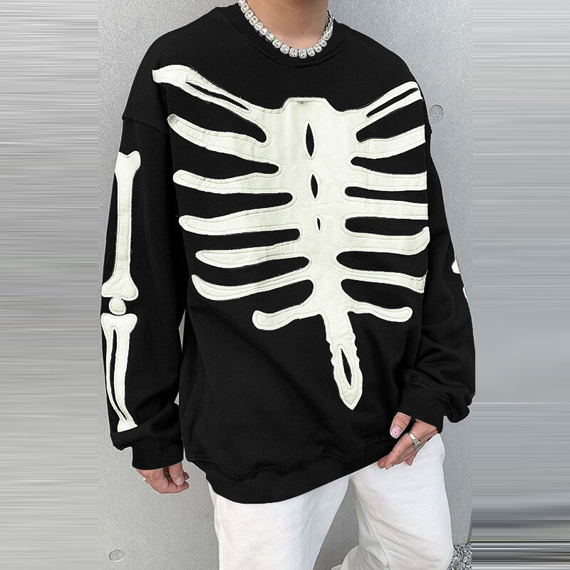 INCERUN Mens Skeleton Print Color Block Long Sleeve Hoodie Fashion Loose Fit Crew Neck Fall Top for Male S 5XL