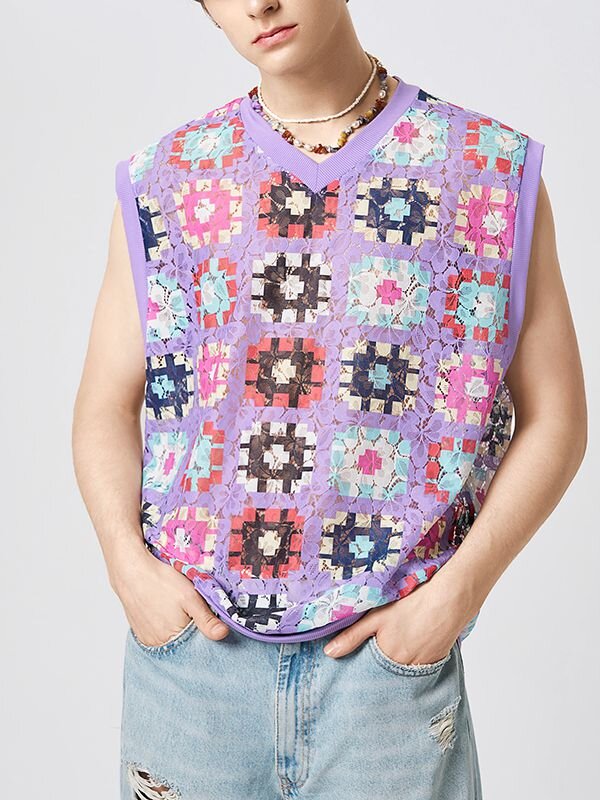 INCERUN Men Tank Top Fashion Color Block Print Sleeveless Top V-neck Summer Casual Mesh Lace Men Streetwear Clothing