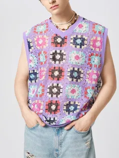 INCERUN Men Tank Top Fashion Color Block Print Sleeveless Top V-neck Summer Casual Mesh Lace Men Streetwear Clothing