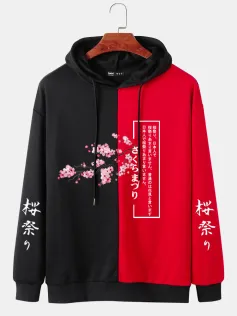 ChArmkpR Mens Cherry Blossoms Japanese Print Two Tone Patchwork Street Drawstring Hoodies
