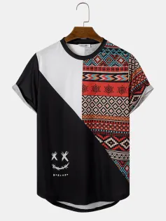 ChArmkpR Mens T-shirts Smile Geometric Ethnic Pattern Curved Hem Short Sleeve Tshirts