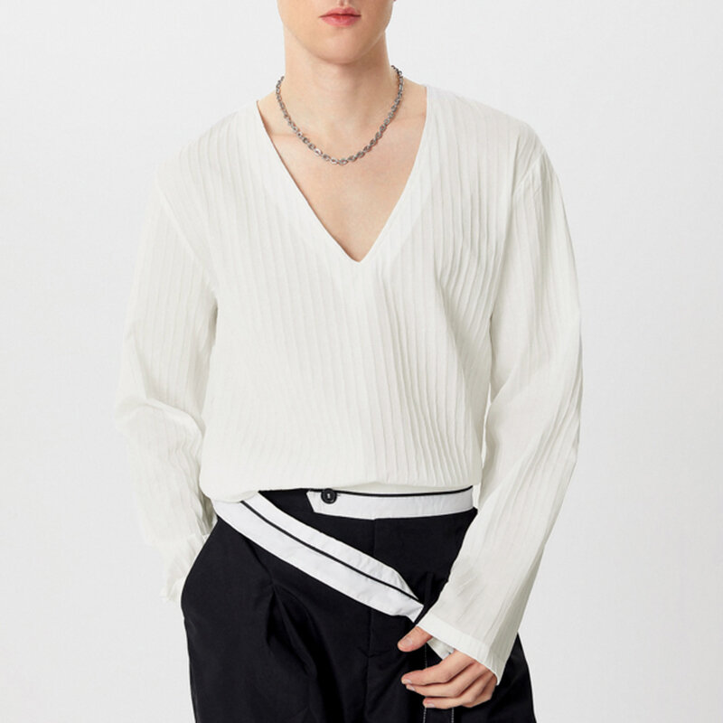 INCERUN Men Fashion V-neck Long Sleeve T-shirt Comfy Loose Fit Solid Color Tshirt Top for Men Plus Size, Spring Fall