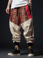 Mens Ethnic Print Patchwork Loose Drawstring Waist Pants