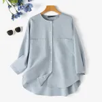ZANZEA Womens Daily Casual Crew Neck Puff Sleeve Shirts Office Lady Button Up Solid Blouses with Pockets