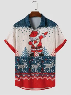 ChArmkpR Mens Christmas Santa Claus Elk Print Lapel Short Sleeve Shirts