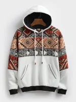Mens Ethnic Geometric Print Patchwork Contrast Kangaroo Pocket Hoodies