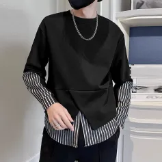 INCERUN Mens Striped Patchwork Long-Sleeve T-Shirt Design Spring Fall Casual Comfortable Crew Neck Top Male S-5XL