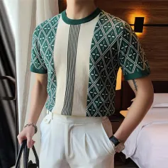 INCERUN Mens Print Crew Neck Short Sleeve T-shirt Comfortable Business Casual Green Tshirt Male S-5XL