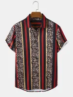 ChArmkpR Mens Leopard & Striped Patchwork Lapel Vacation Short Sleeve Shirts
