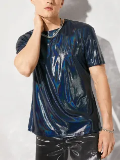 Men Shiny Coating Short Sleeve Crew Neck Skinny T-Shirt