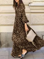 ZANZEA Women Plus Size Leopard Print Long Dress V-Neck Puff Sleeve Lace-Up Maxi Dress For Women