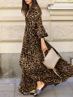 ZANZEA Women Plus Size Leopard Print Long Dress V-Neck Puff Sleeve Lace-Up Maxi Dress For Women