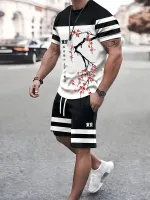 ChArmkpR Mens Two Pieces Set Japanese Cherry Blossoms Print Striped Patchwork Two Pieces Outfits