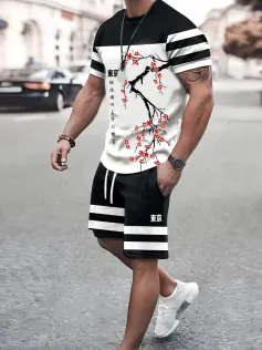 ChArmkpR Mens Two Pieces Set Japanese Cherry Blossoms Print Striped Patchwork Two Pieces Outfits