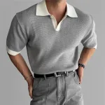 INCERUN Uomo Tinta Unita Manica Corta Camicia Waffle Lavorato A Maglia Patchwork Manica Corta Risvolto Top per Uomo di Grandi Dimensioni S-5XL
