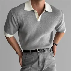 INCERUN Men Solid Color Short Sleeve Shirt Waffle Knitted Patchwork Short Sleeve Lapel Top for Men Large Size S-5XL