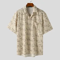 INCERUN Men Printing Shirt Summer Lapel Apricot Shirts Button Short Sleeve Top with Pockets Korean Casual Men Clothing S-5XL