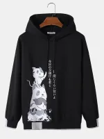 ChArmkpR Mens Hooded Sweatshirts Japanese Cat Print Contrast Patchwork Drawstring Hoodies