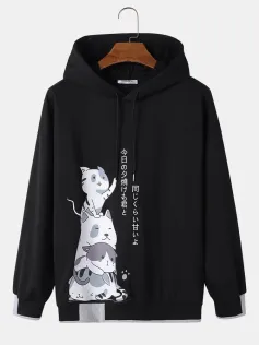 ChArmkpR Mens Hooded Sweatshirts Japanese Cat Print Contrast Patchwork Drawstring Hoodies