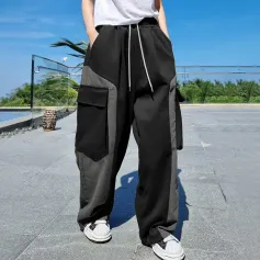 INCERUN Mens Contrast Color Workwear Pocket Pant Fashion Loose Fit Elastic Waist Drawstring Trousers S-5XL